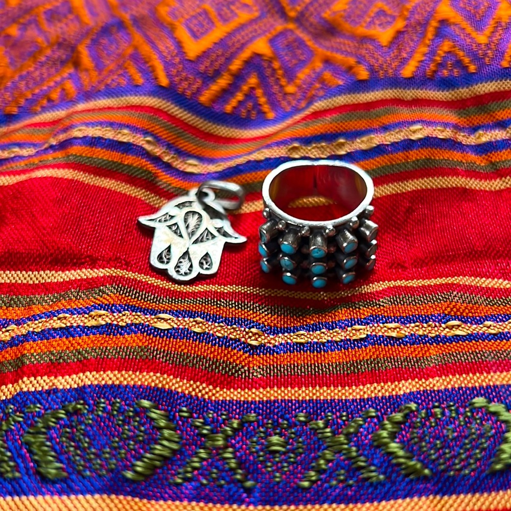 Turquoise & Silver ring, size 7, & sacred Hamsa hand charm
